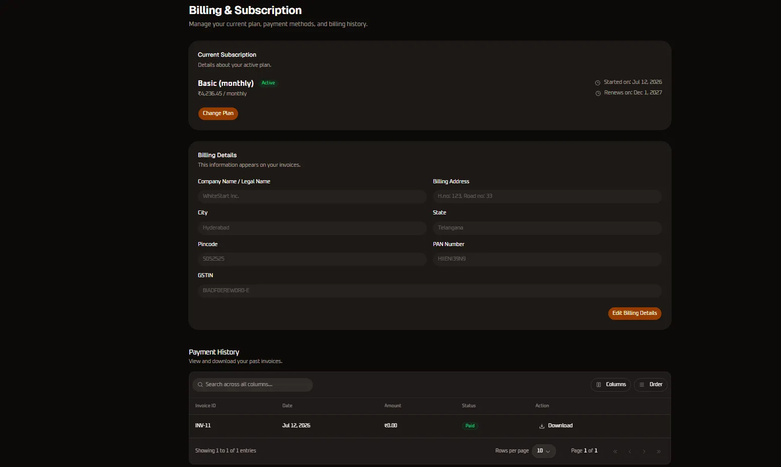 Billing and Subscription Dashboard