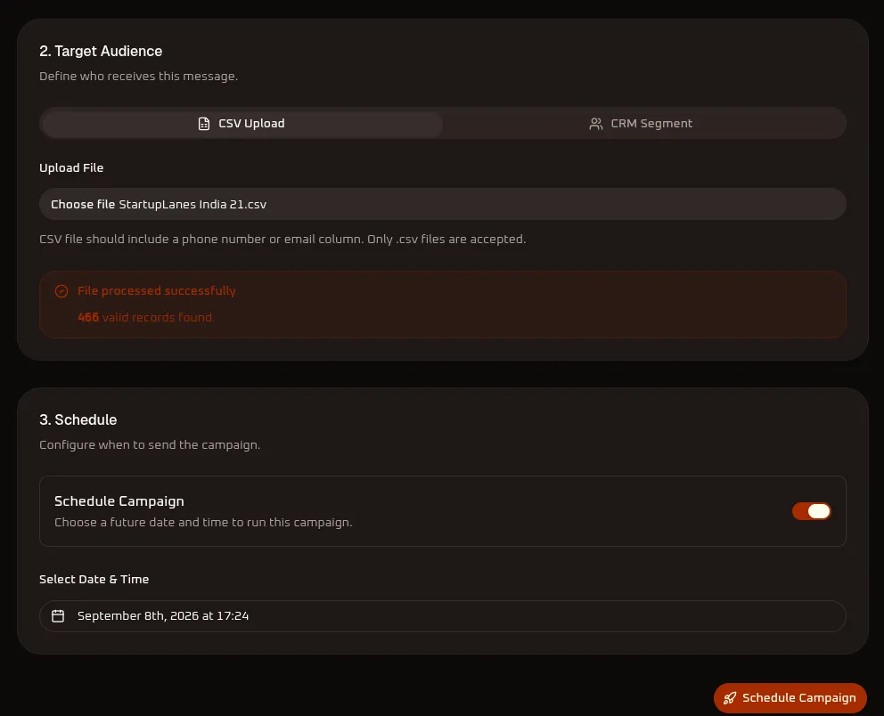 WhiteStart SMS CSV Upload Target Audience