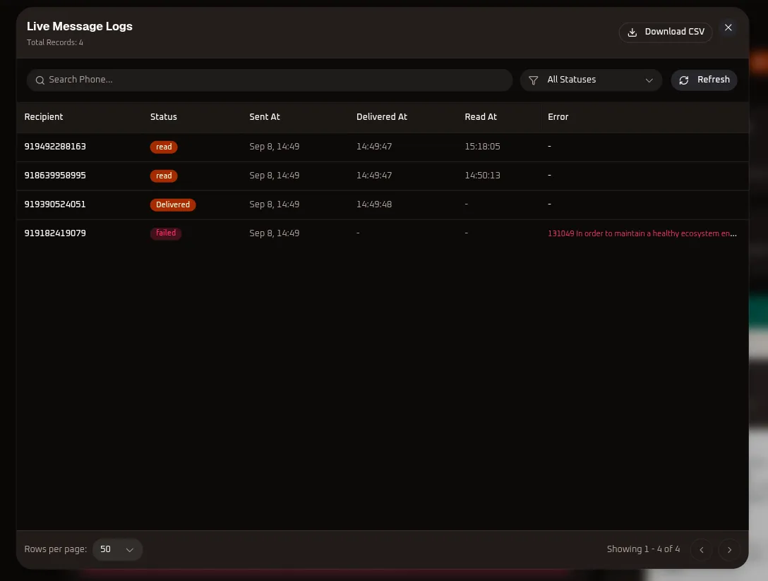 WhiteStart Detailed Live Message Logs