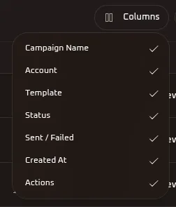 WhiteStart Campaigns Table Columns Menu