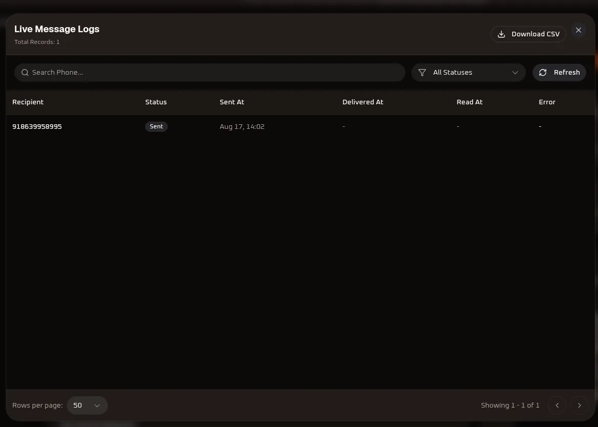 WhiteStart SMS Detailed Live Message Logs