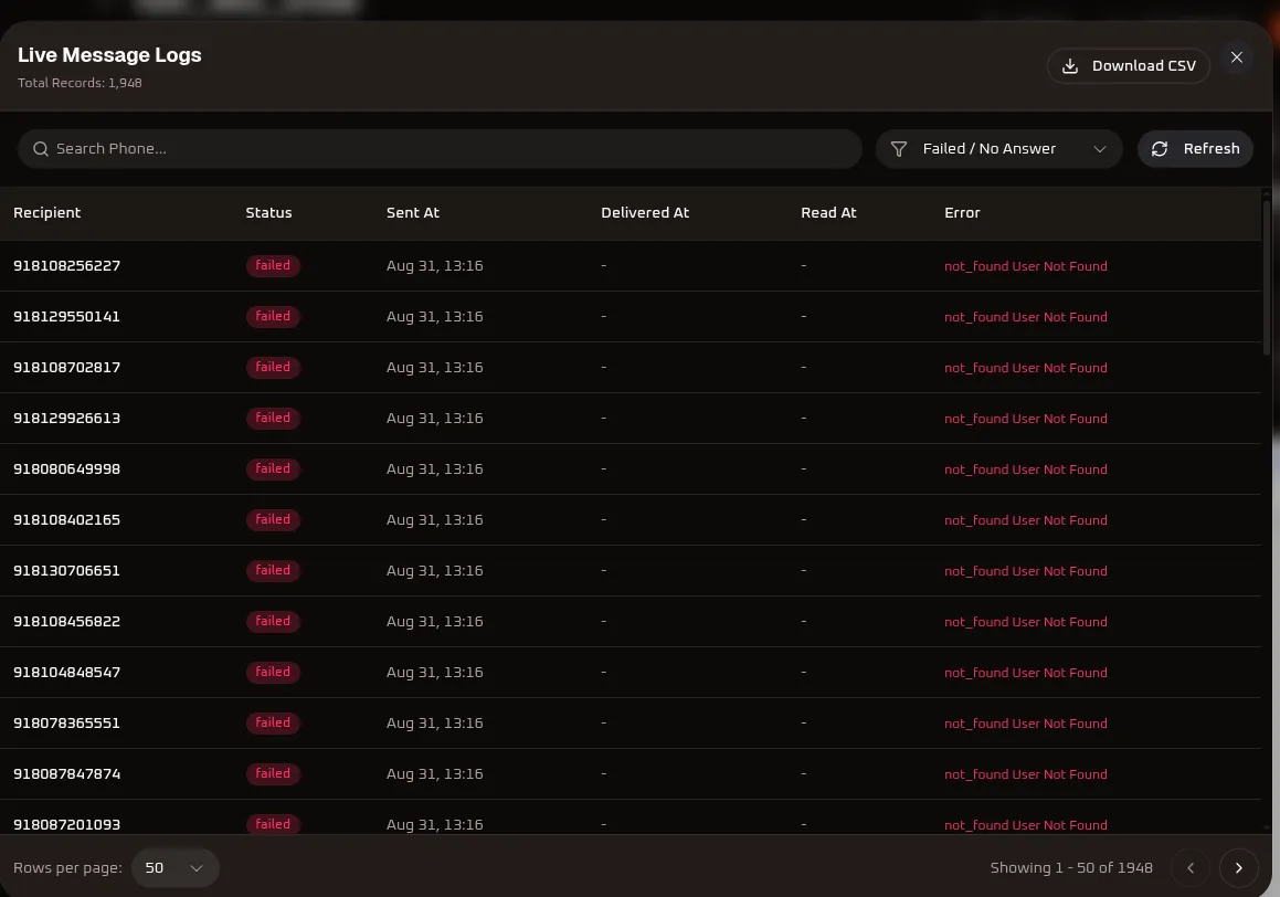 WhiteStart RCS Detailed Live Message Logs