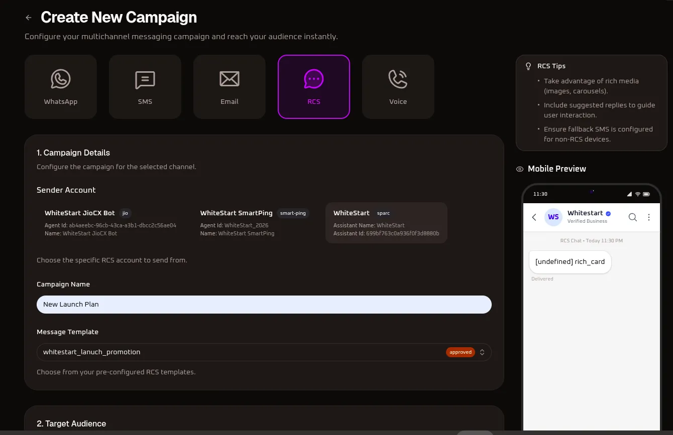 WhiteStart Create New RCS Campaign Builder