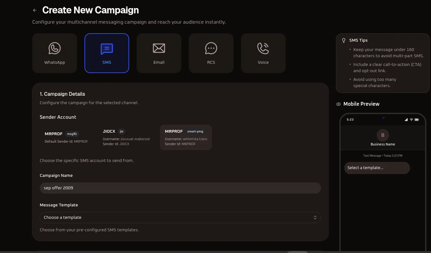 WhiteStart Create New SMS Campaign Builder