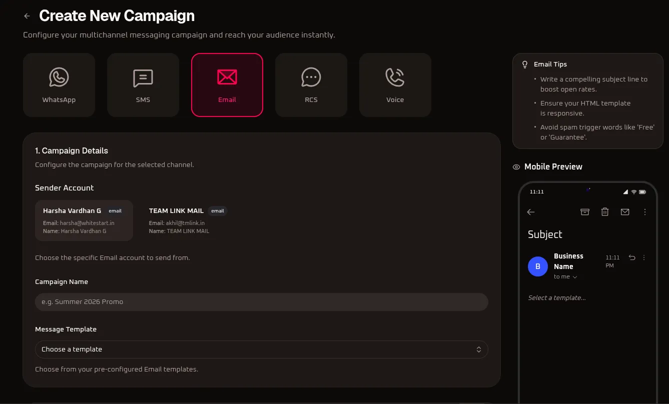 WhiteStart Create New Email Campaign Builder