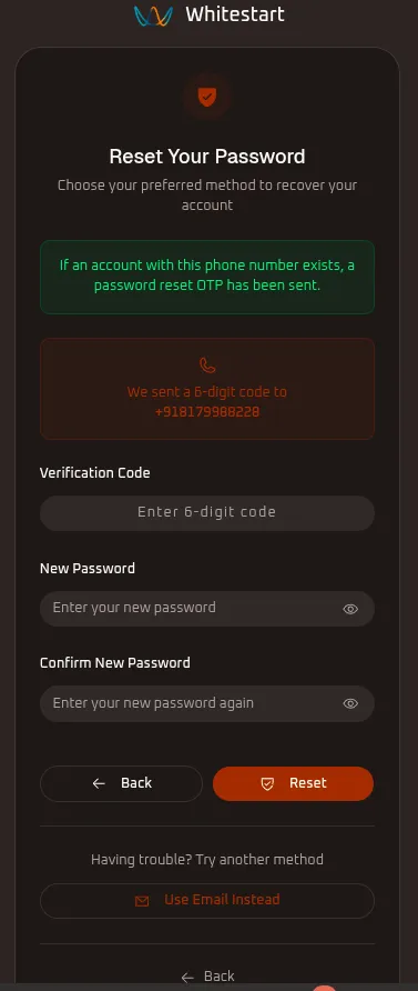 WhiteStart Password Reset Verification &amp; Confirmation