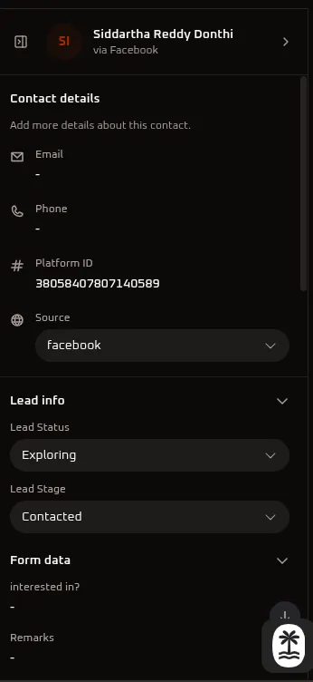WhiteStart Facebook CRM Details Panel