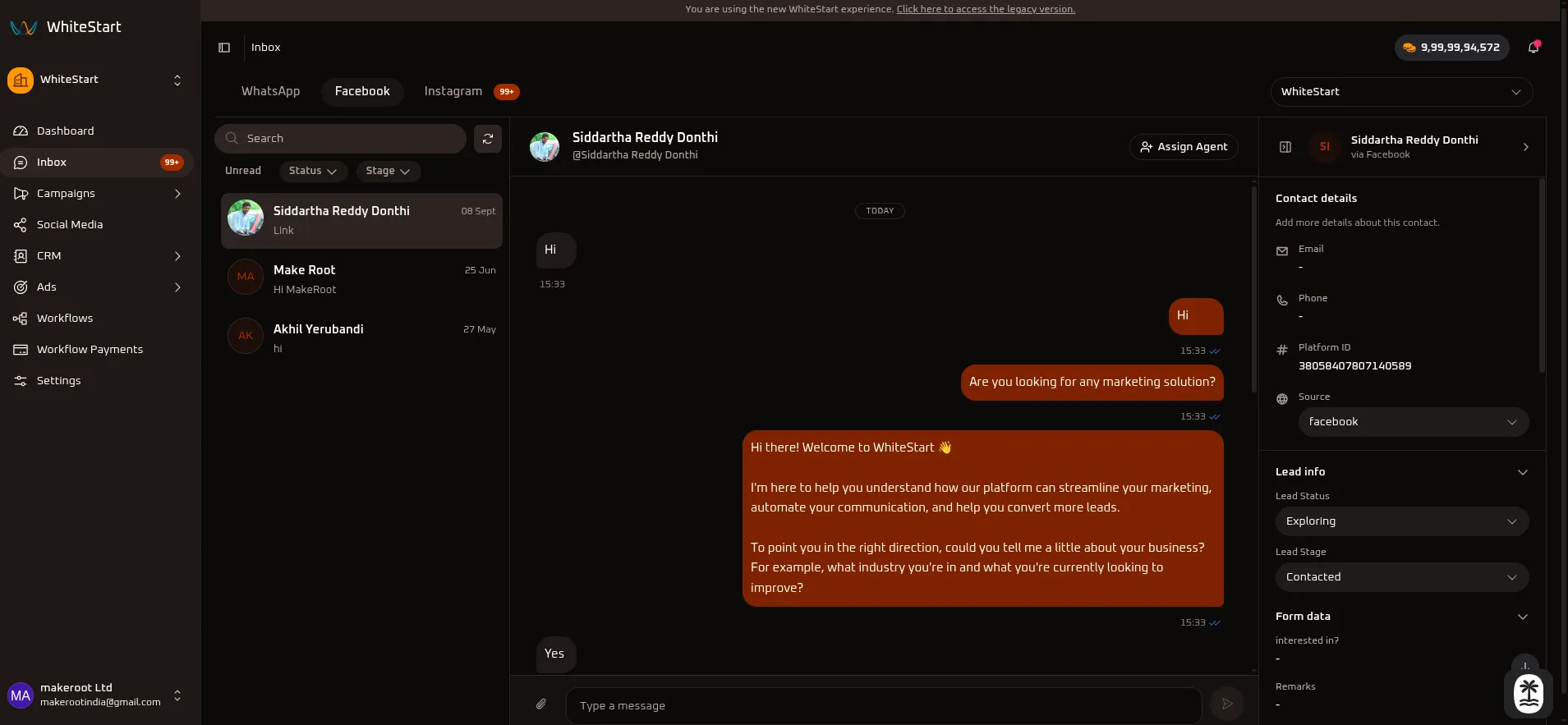 WhiteStart Facebook Live Inbox Overview