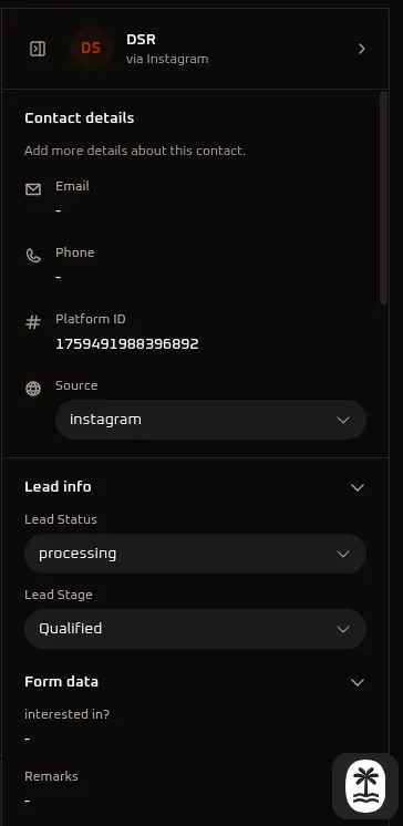 WhiteStart Instagram CRM Details Panel
