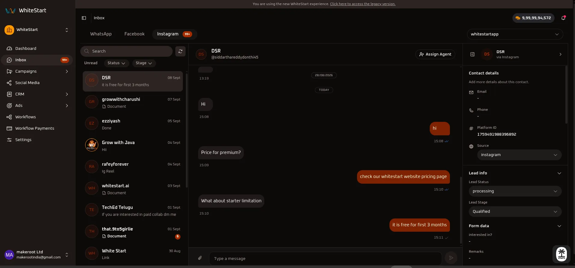 WhiteStart Instagram Live Inbox Overview