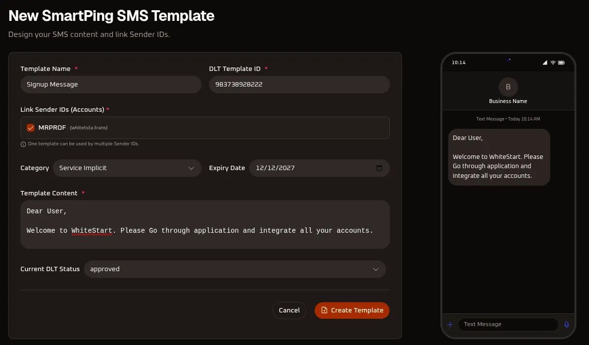 WhiteStart Manage Smartping SMS Templates Overview
