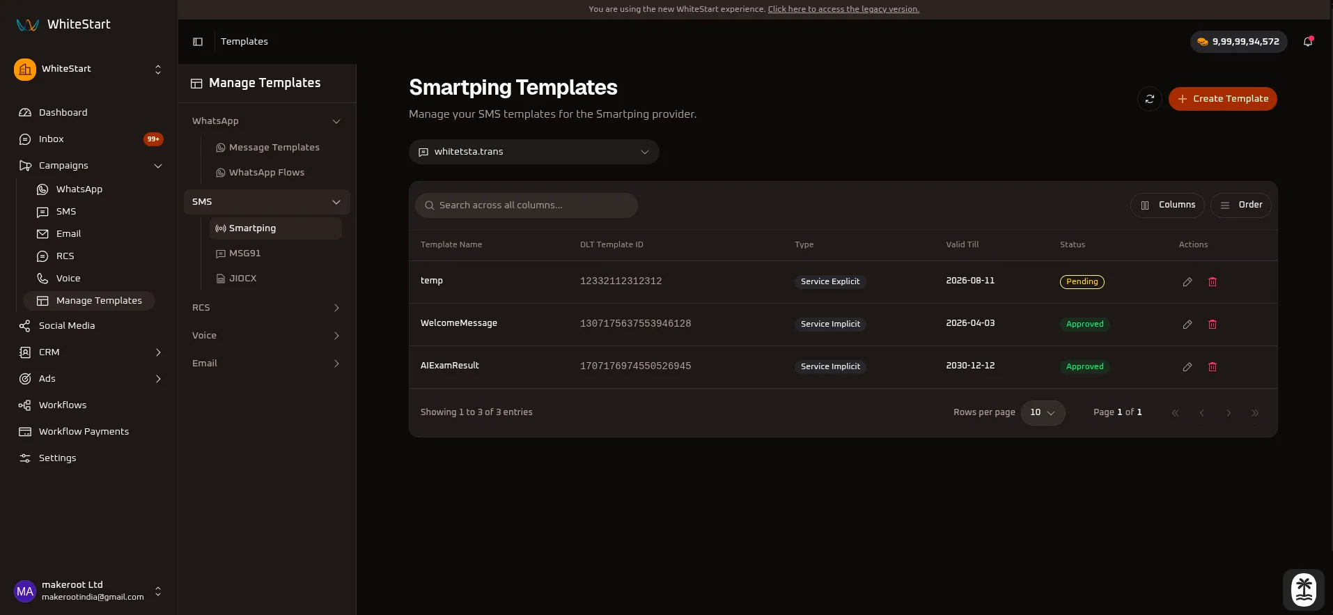 WhiteStart Manage Smartping SMS Templates Overview