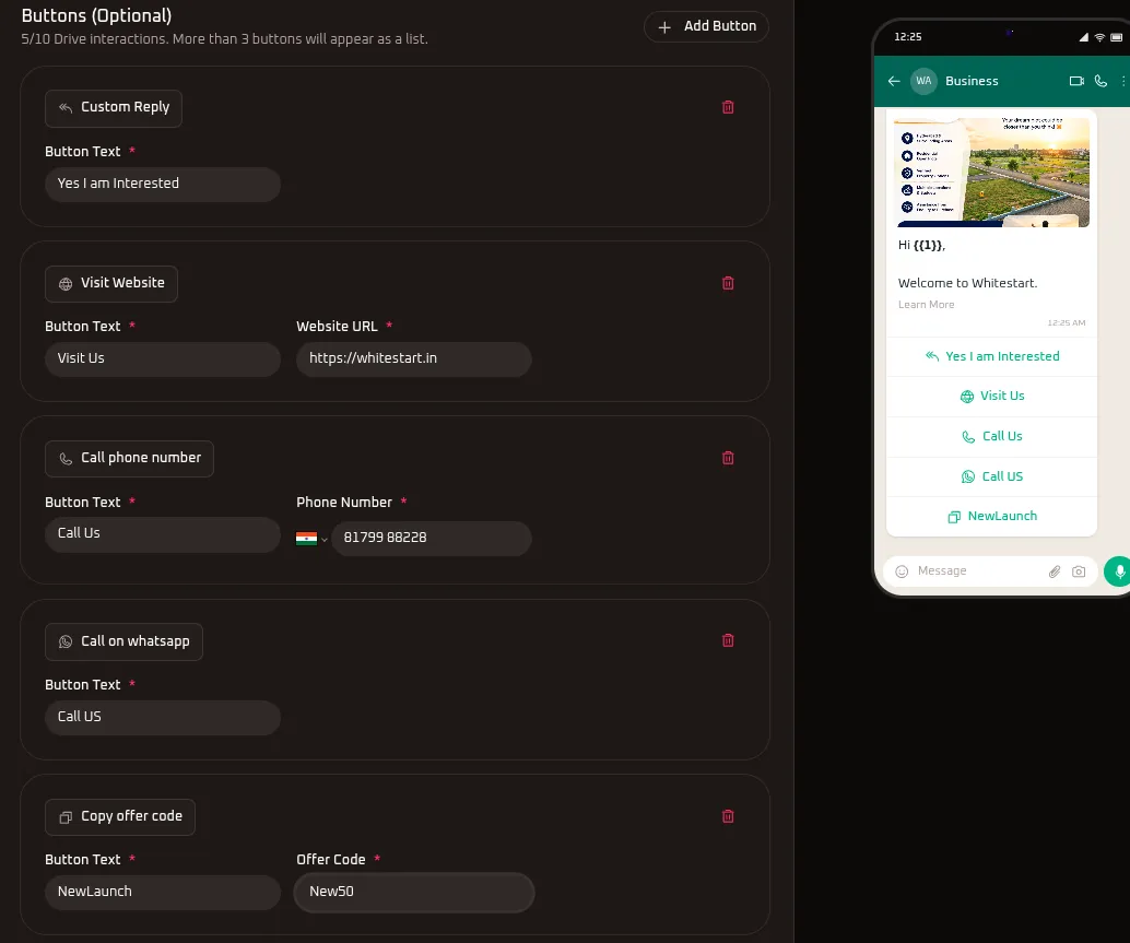 WhiteStart Template Buttons Configuration