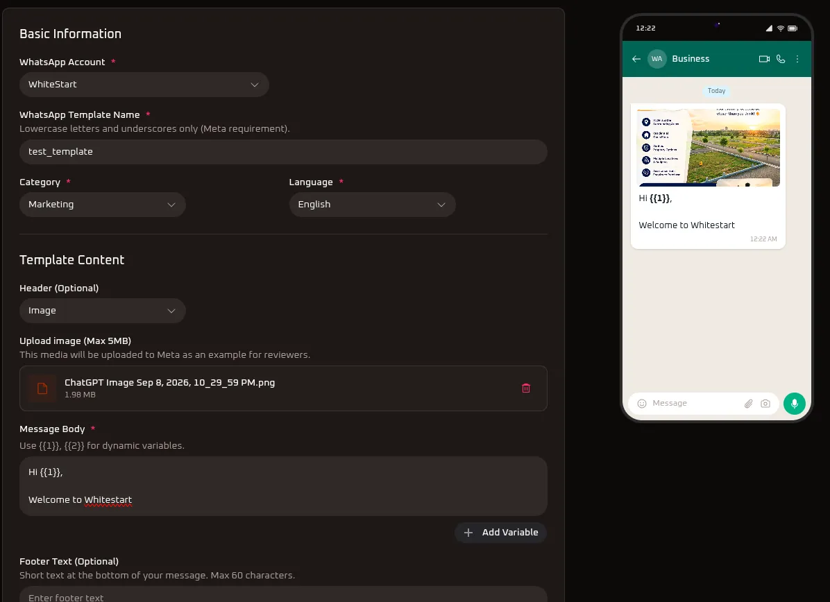 WhiteStart Create WhatsApp Template Builder