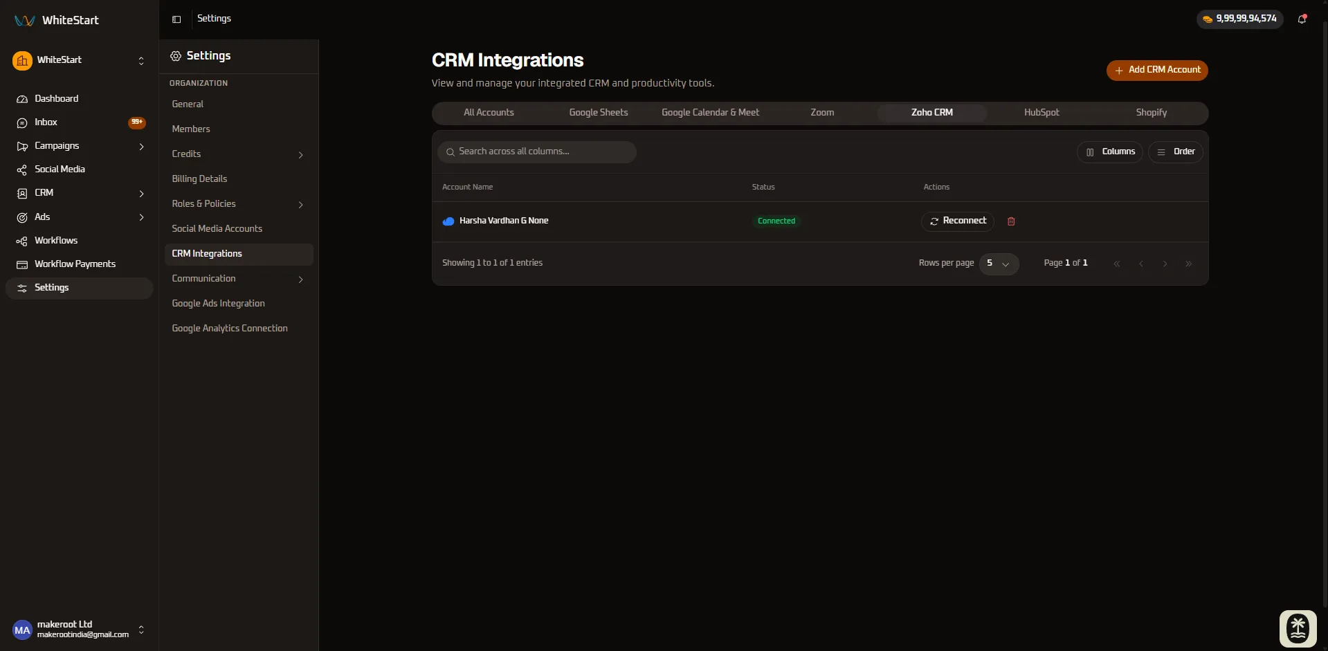 Connected Zoho CRM Tab