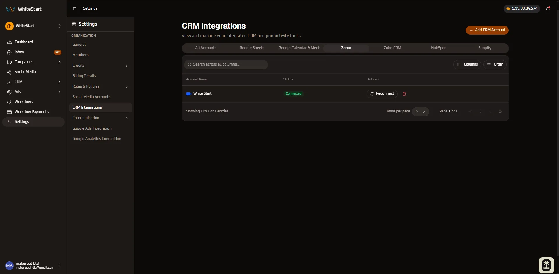 Connected Zoom Account View