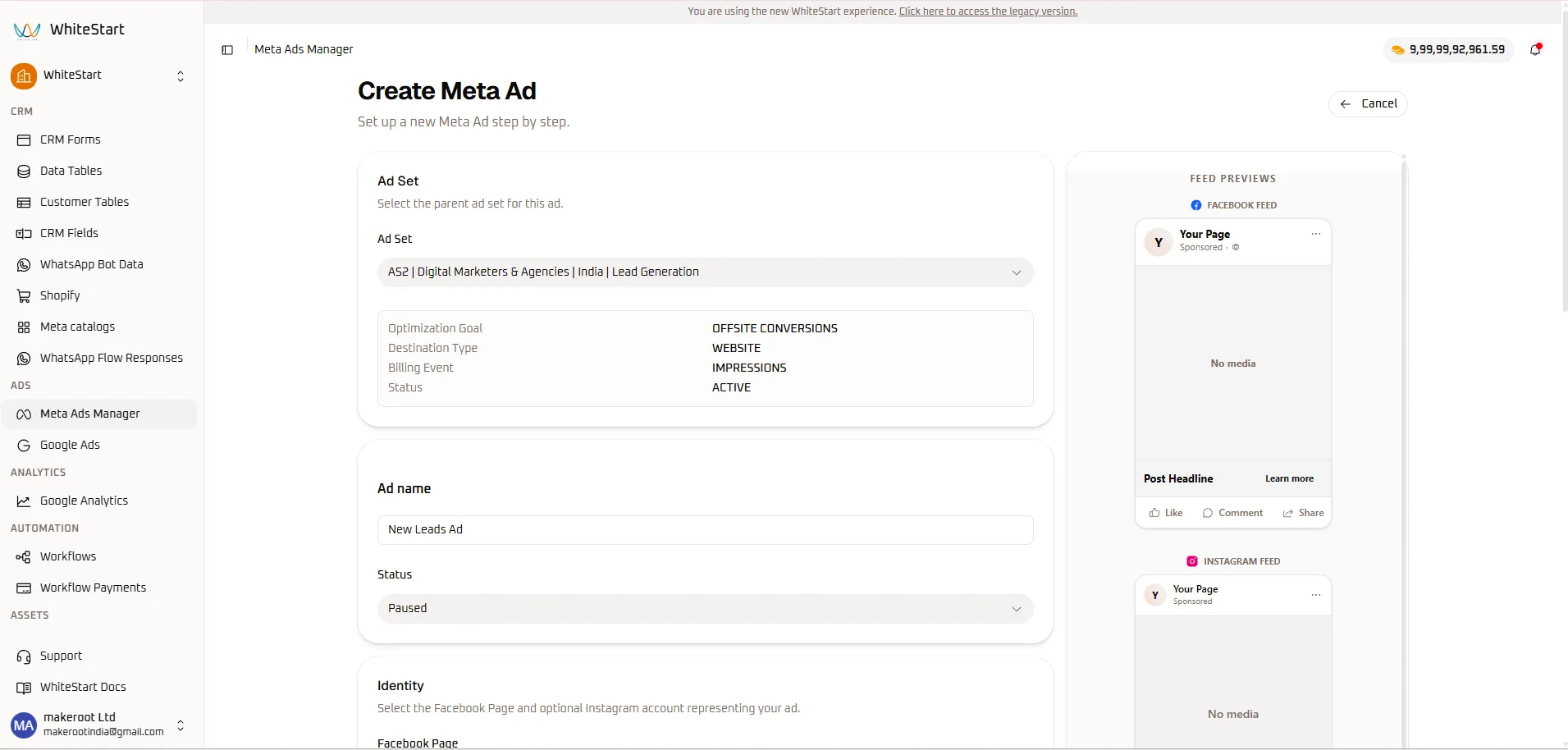 Create Ad - Ad Set Link & Feed Previews