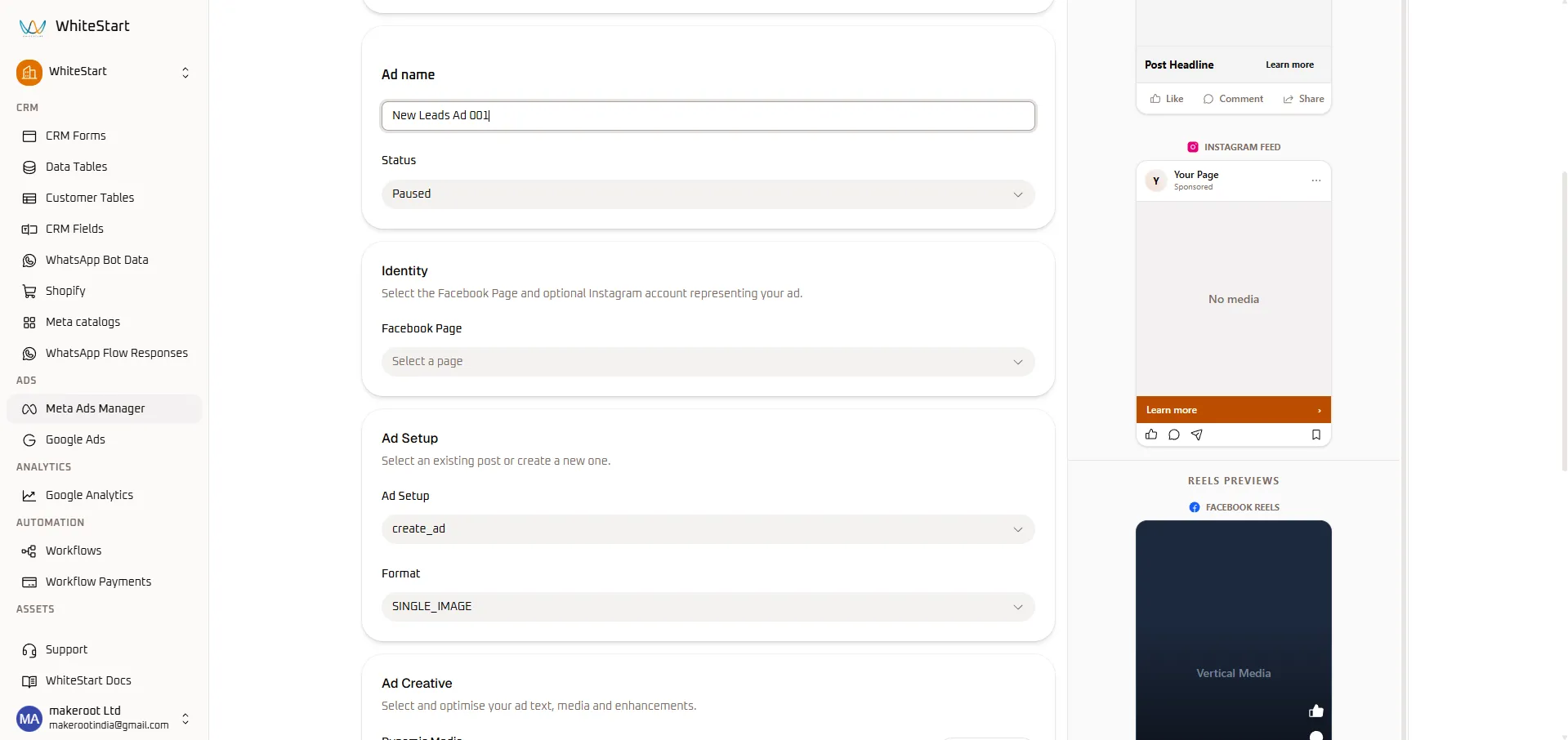Create Ad - Identity & Format Setup