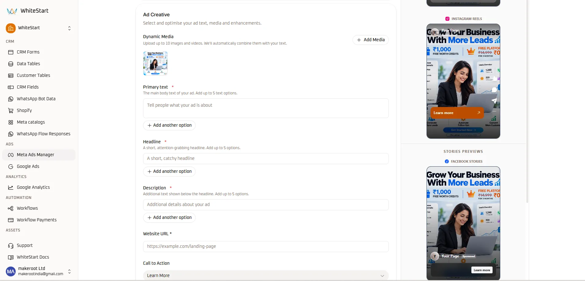 Create Ad - Media Upload, Copy & Reels Preview