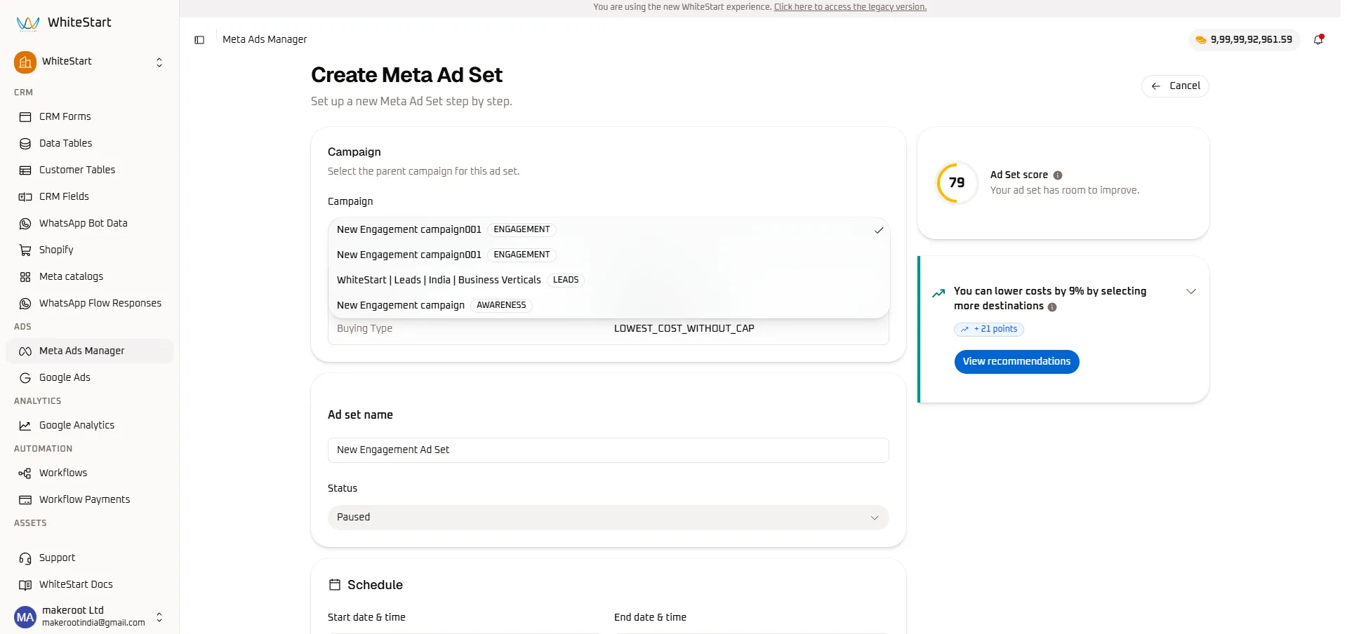 Create Ad Set - Campaign Selection & Score