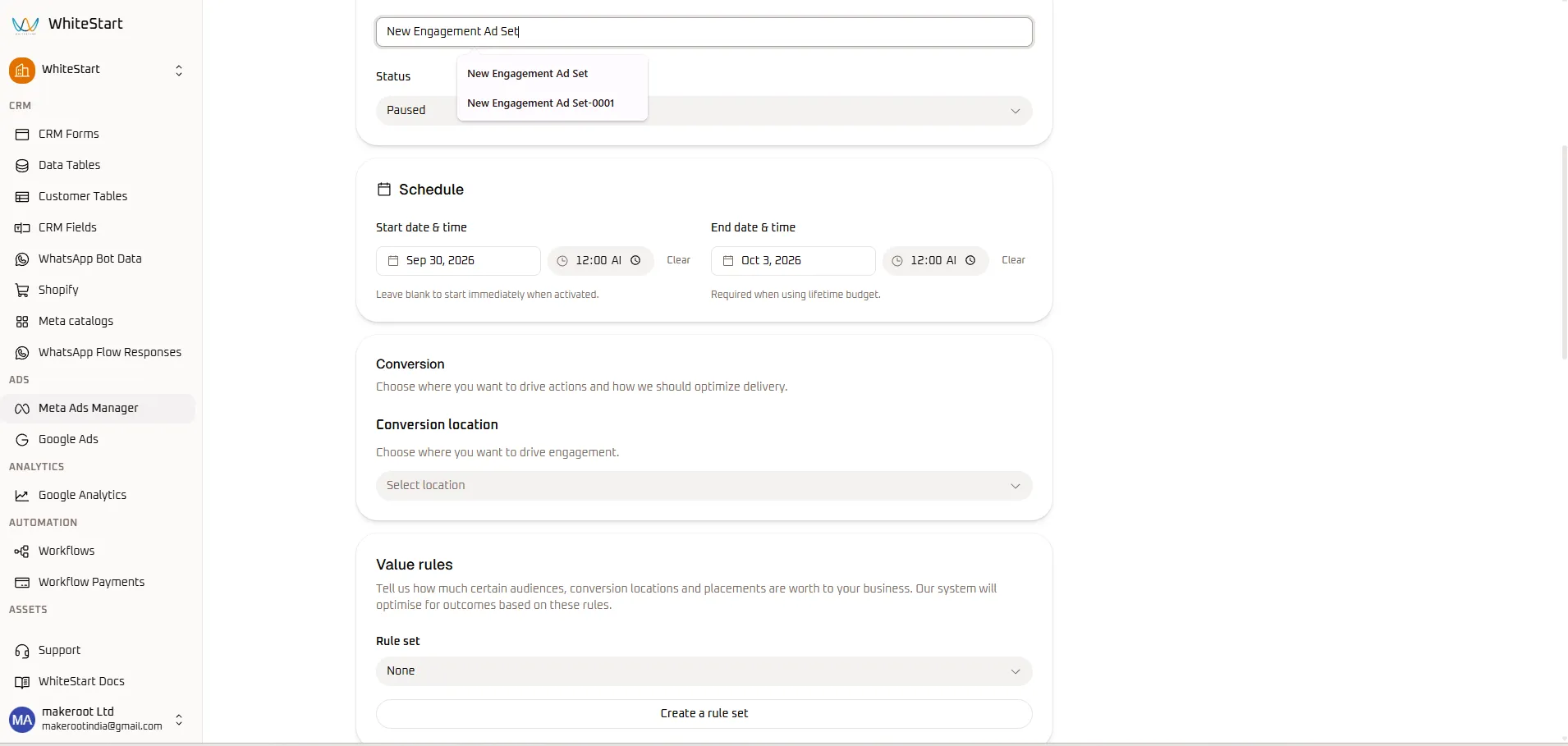 Create Ad Set - Naming, Schedule & Value Rules