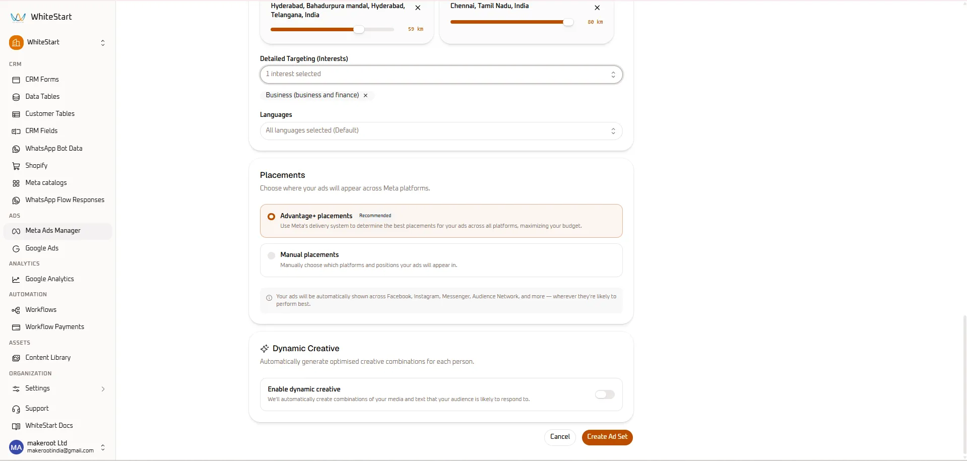 Create Ad Set - Placements & Dynamic Creative