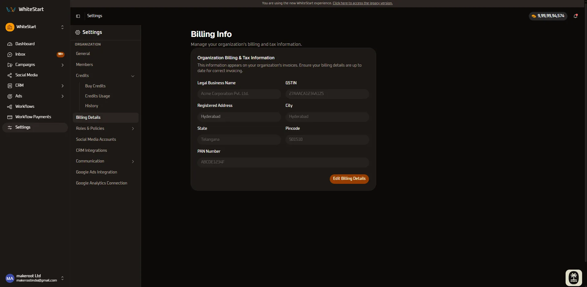 Billing Details Page