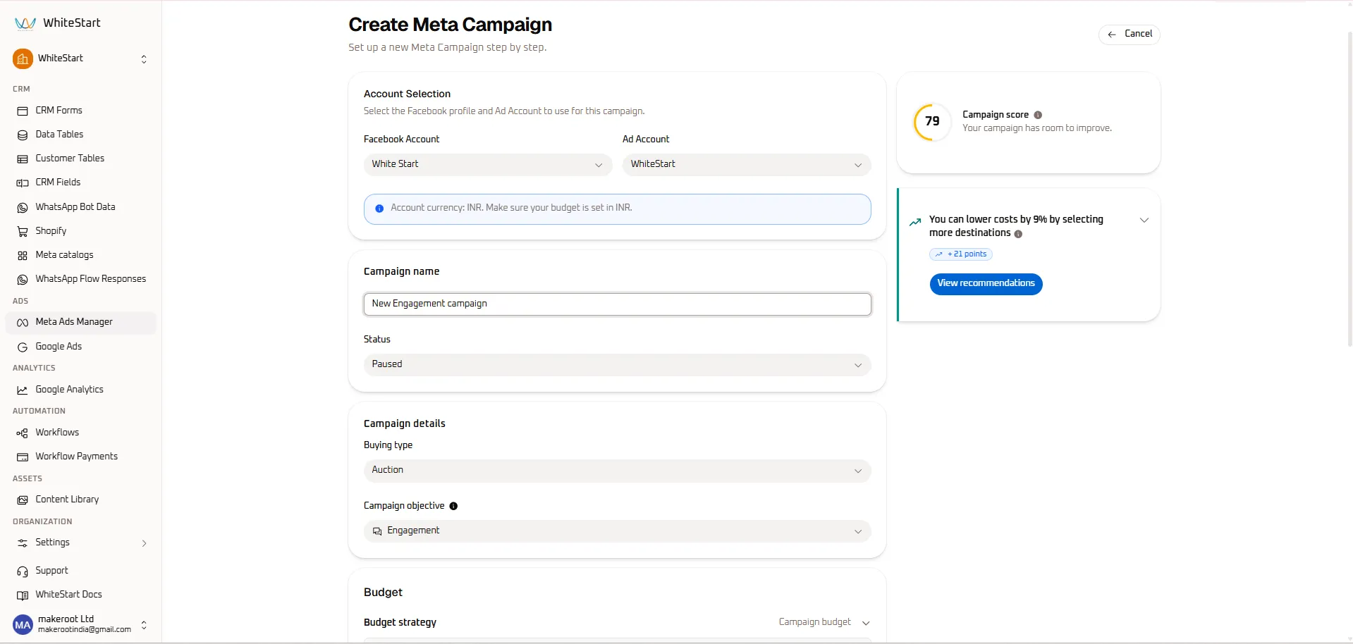 Create Meta Campaign - Account Selection &amp; Score
