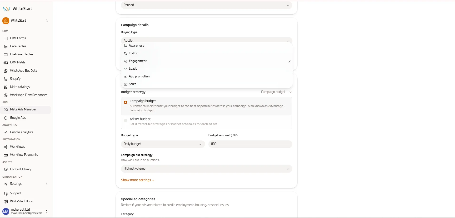 Create Meta Campaign - Objectives &amp; Budget Options