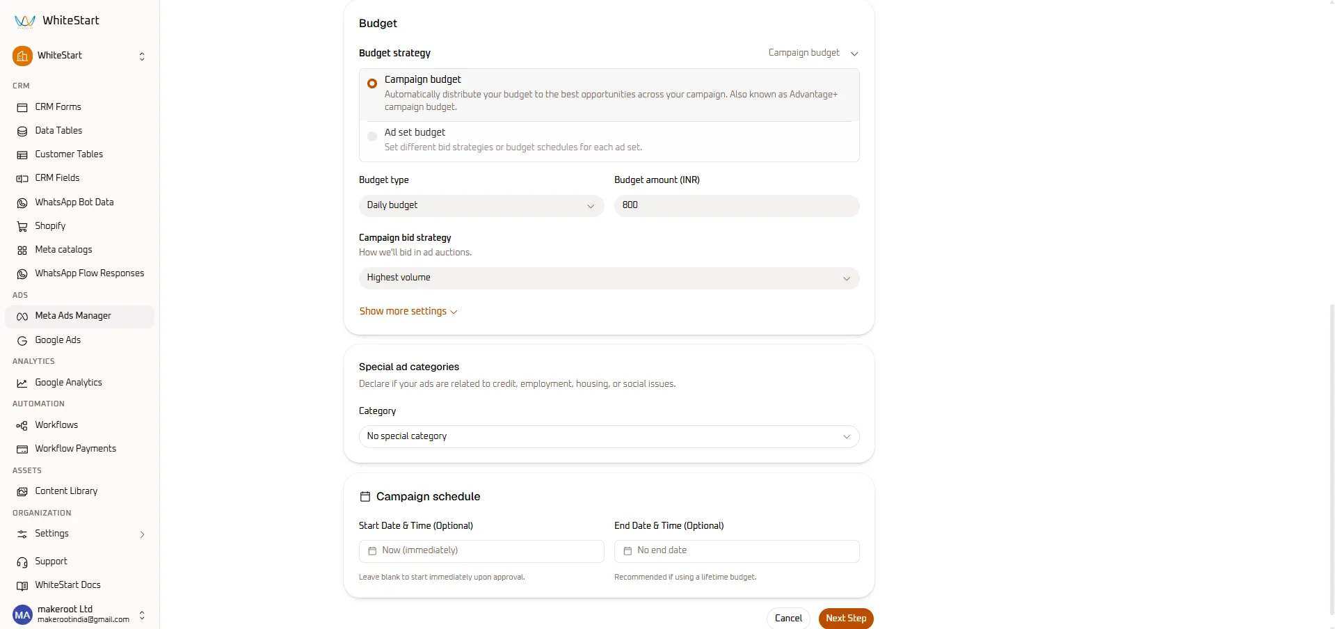 Create Meta Campaign - Categories &amp; Schedule
