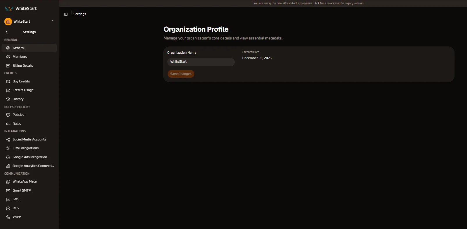 Organization Profile Settings
